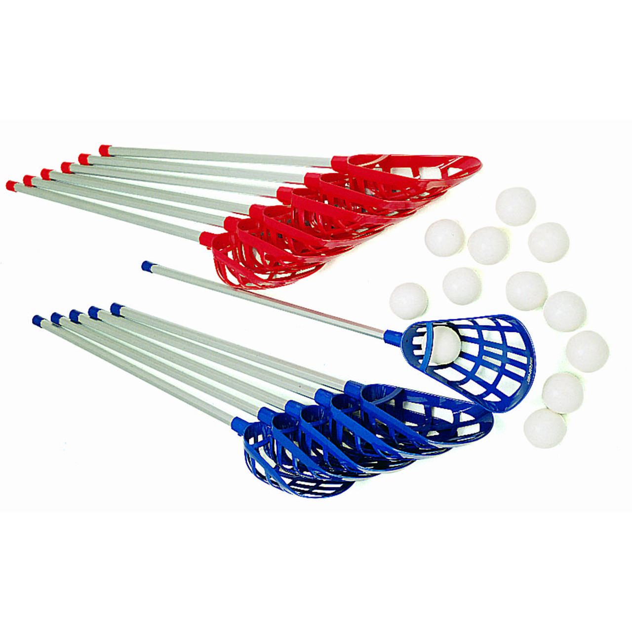 Lacrosse-set, skolpaket, 12 klubbor (blå/röda), 6 bollar